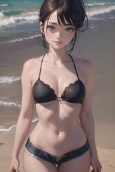 abs ai_generated beach brown_hair drumicube female_only jean_shorts looking_at_viewer medium_breasts multiple_girls nipples no_sound nude outdoor_nudity short_shorts shorts tagme thick_thighs uncensored unzipped_shorts video