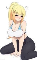 1girls absurdres averting_eyes bare_arms big_breasts black_pants blonde_hair blue_eyes blush breasts breasts_out cleavage closed_mouth darkness_(konosuba) embarrassed female female_focus female_only flying_sweatdrops high-waist_pants high_ponytail highres kono_subarashii_sekai_ni_shukufuku_wo! large_breasts light-skinned_female light_skin looking_down pants ponytail shy simple_background sitting solo solo_female solo_focus sports_bra sports_wear sportswear wariza white_background yisusjpl yoga_pants