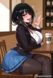 1girls ai_generated black_blazer black_hair black_pantyhose blue_skirt blush bra_visible_through_clothes cafe coffee_cup curvaceous_female curvy curvy_body date_a_live dress_shirt fellatio_gesture female female_focus flirting flirting_with_viewer heart hips huge_breasts inviting_to_sex large_breasts legs legs_crossed looking_at_the_viewer low_twintails milf motion_blur motion_lines open_mouth pleated_skirt presenting red_eye remington34 saliva school_uniform schoolgirl seductive_look sexy_pose side_view side_view_pose sitting smile solo table thicc_thighs thighhighs tokisaki_kurumi tongue_out white_dress_shirt wide_hips