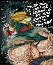 1boy 1futa anal anal_sex anus ass big_ass bigpapapickle blonde_hair condom dialogue femboy futa_on_male futanari green_hair himiko_toga huge_ass izuku_midoriya male my_hero_academia no_pants sweat sweaty sweaty_butt teatotalerlewds text thick_thighs tongue tongue_out wide_hips