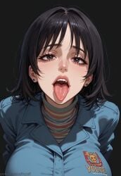 ai_generated alternate_version_at_source anya_(mouthwashing) big_breasts black_hair blush close-up female hypet messy_hair mouth mouthwashing mouthwashing_(game) open_mouth open_mouth solo tagme tongue tongue_out video_game_character