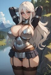 ai_generated armor arms_behind_head arms_up bangs belt black_thighhighs blue_eyes blush breasts cameltoe cleavage closed_mouth day female garter_straps hair_between_eyes huge_breasts lake large_breasts leotard lips long_hair looking_at_viewer nature outdoors skirt sky smile solo thick_thighs thighhighs thighs tree water white_hair