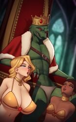 1boy 2girls blonde_hair blue_eyes breasts brown_hair deilan12 interspecies large_breasts lizardman roncostar small_breasts yellow_eyes