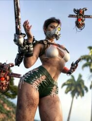 1girls adriana_imai beach black_hair boob_window bra brazilian brazilian_female dbd dead_by_daylight dirty ear_piercing female female_focus female_only light-skinned_female light_skin masked_female partially_clothed short_shorts shorts solo_female the_skull_merchant thick_ass thick_thighs weapon