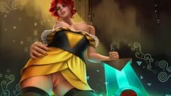 big_breasts female female_protagonist human looking_at_viewer no_panties poppytoy red_(transistor) red_hair topless transistor_(game) video_games