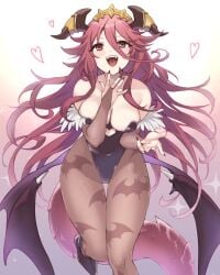 animal_print bare_shoulders bat_print bat_wings black_footwear black_leotard breasts cosplay darkstalkers dragalia_lost dragon_girl dragon_horns dragon_tail ekra female full_body hair_between_eyes heart highres horns large_breasts leotard long_bangs long_hair looking_at_viewer low_wings morrigan_aensland morrigan_aensland_(cosplay) mym_(dragalia_lost) open_mouth pantyhose red_eyes red_hair red_nails solo tail teeth tongue very_long_hair white_background wings