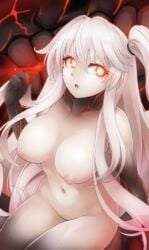 abyssal_ship aircraft_carrier_hime arm_at_side bangs breasts collarbone cowboy_shot eyebrows_visible_through_hair eyelashes female fingernails glowing glowing_eyes hair_between_eyes hair_ornament hair_tie hand_up highres kantai_collection large_breasts legs_together long_fingernails long_hair looking_at_viewer medium_breasts nail_polish navel nipples no_bra nude one_side_up open_mouth pointy_chin pokke_(pokke-chan) red_eyes red_nails sharp_fingernails shinkaisei-kan sidelocks sitting solo stomach teeth veins very_long_hair white_hair white_skin