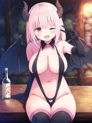 ai_generated alcohol armgloves black_armgloves black_thighhighs blush bottle cleavage closed demon_girl demon_horn demon_wings facing_viewer fantasy gloves happy heart_cutout horns lamp large_breasts legs_together looking_at_viewer medium_hair one_eye open_mouth peace_sign pink_eyes pink_hair room sagging_breasts sitting sitting_on_table slingshot_swimsuit succubus tavern thighhighs wings wood