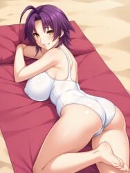 ai_generated ass azuma_marina beach beach_towel big_ass big_breasts huge_ass isogil kashidashi_tsuma_marina_no_"netorase"_houkoku_binkan_tsuma_to_zetsurin_daigakusei looking_at_viewer purple_hair sexy_pose towel white_swimsuit yellow_eyes