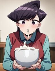 1girls ai_generated bowl clothed cum cum_in_bowl cum_in_container cum_in_mouth cum_on_face drooling eating eating_cum gokkun komi-san_wa_komyushou_desu komi_shouko long_sleeves looking_at_viewer morindar open_eyes shirt solo swallowing swallowing_cum sweater