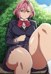 ai_generated big_breasts civitai clothed_female dandadan dumptruck_ass dumptruck_butt earings fingerless_gloves hips_wider_than_shoulders huge_breasts laying_down outdoors pink_hair school_uniform schoolgirl shiratori_aira_(dandadan) shoes slim_waist solo_female summer thick_thighs thighhighs thunderthighs wet