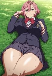 ai_generated big_breasts civitai clothed_female dandadan dumptruck_ass dumptruck_butt earings fingerless_gloves hips_wider_than_shoulders huge_breasts laying_down outdoors pink_hair school_uniform schoolgirl shiratori_aira_(dandadan) shoes slim_waist solo_female summer thick_thighs thighhighs thunderthighs wet