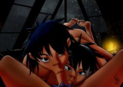 1boy 1boy2girls 2d 2d_(gorillaz) 2girls 3some asian asian_female ball_sucking blowjob cabin cockstar_studios collaborative_fellatio cyborg_noodle edit erection feet fellatio ffm ffm_threesome fireplace gorillaz interracial looking_at_viewer noodle_(gorillaz) oral raining stormy_night teamwork testicle_sucking threesome