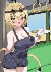 a-tamin blonde_hair blush cleavage conductor_uniform dooby3d gloves goggles green_eyes hand_behind_back indie_virtual_youtuber jerboa jerboa_humanoid looking_at_viewer naked_under_clothes no_bra open_hand open_mouth railroad_tracks tail train train_interior virtual_youtuber