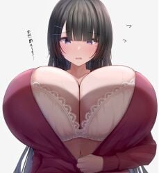 1girls bangs black_hair blush blush bra breast_focus breasts breasts_bigger_than_head breasts_too_big busty cleavage clothes_too_small clothing clothing_too_small collarbone curvaceous curvy curvy_female curvy_figure enormous_breasts facing_viewer female female_focus female_only gigantic_breasts hair_ornament hairclip heart-shaped_mole himekawa-san_(metae) huge_breasts inconvenient_breasts jacket japanese_text large_breasts long_hair looking_down low-angle_view massive_breasts metae midriff mole mole_under_eye navel open_mouth original original_character purple_eyes simple_background skindentation slim_waist solo text thin_waist top_heavy top_heavy_breasts underwear veiny_breasts voluptuous voluptuous_female white_background white_bra zipper zipper_pull_tab