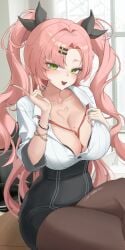 1girls blush blush cleavage green_eyes large_breasts looking_at_viewer nails nicole_demara office office_clothing office_lady open_mouth pink_hair solo solo_focus taboo twintails zenless_zone_zero