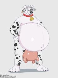 animal_genitalia anthro belly belly_inflation big_belly bodily_fluids cow_costume cowbell cudacore cum cum_drip dripping feet furry genital_fluids genitals hi_res huge_belly hyper hyper_belly hyper_pregnancy inflation male navel outie_navel pascal_(cudacore) paws pregnant pregnant_male sheath slightly_chubby teats toes udder_balls udders