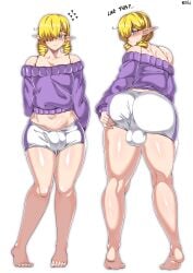 1boy ass backsack balls balls_under_clothes big_ass big_balls blonde_hair blue_eyes bulge clothing elf elf_ears femboy huge_ass light-skinned_male light_skin male male_focus male_only penis penis_under_clothes testicles trap white_background wirberlwind