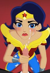 ai_generated armor black_hair blush civitai closed_mouth crying cum dc dc_comics dc_super_hero_girls embarrassed forced handjob indoors kneeling looking_at_viewer nw_th penis sex wonder_woman