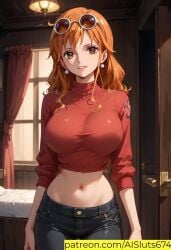 ai_generated ai_sluts glasses_on_head huge_breasts nami nami_(one_piece) one_piece orange_hair slim_waist sole_female