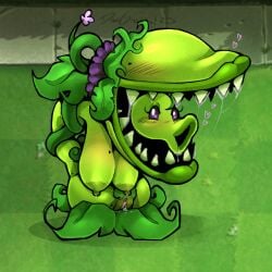 2025 blush blush_lines bodily_fluids breasts danigrex2n electronic_arts elemental_creature female flora_fauna flower genitals grass heart_symbol hi_res leaf plant plants_vs_zombies popcap_games purple_eyes pussy saliva saliva_string sharp_teeth signature snap_pea_(pvz) solo teeth vines