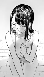 blunt_bangs bra breasts collarbone commentary_request enpix female from_above greyscale highres large_breasts long_hair monochrome original panties penis_shadow solo thai_commentary thighs underwear underwear_only