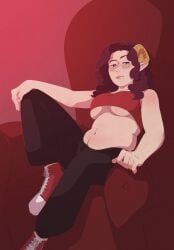 1girls :p clothed_female curly_hair demily full_color indie_virtual_youtuber leg_up legwear midriff sitting sneakers succubus throne tight_clothing underboob virtual_youtuber