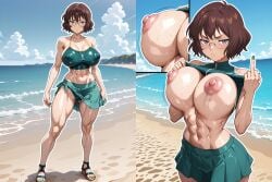 abs ai_generated annoyed annoyed_expression beach before_and_after bouncing_breasts close-up flashing_breasts glasses gundam gundam_00 heeled_sandals looking_at_viewer middle_finger shirin_bakhtiar skirt wet_body