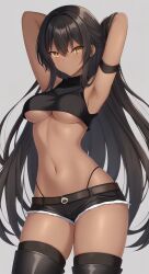 1girls ai_generated armpits arms_above_head arms_behind_head arms_up belt black_hair breasts brown_hair character_request crop_top dark-skinned_female dark_skin dezgo_ai female fringe long_hair medium_breasts midriff mouthless no_mouth petite questionable_anatomy short_shorts shorts teenager thigh_boots thigh_highs thighs thong_straps underboob upscaled yellow_eyes