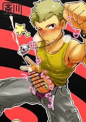 1boy abs absurd_res armpits arms_up big_penis blonde_hair blush bracelet clenched_hand collarbone cum cum_drip cum_explosion cum_on_penis cum_splatter cum_string cum_trail ejaculation erect_nipples erection foreskin fully_clothed gay hands-free hi_res high-angle_view legs_apart long_cumshot looking_at_viewer male male_only mature_male necklace nipples_visible_through_clothing one_eye_closed orgasm pants_open peace_sign pecs penis penis_out persona persona_5 pink_glans pubic_hair pubic_tuft retracted_foreskin ryuji_sakamoto saikawa_(ti17jk) sega semen short_hair skull solo spiked_bracelet standing star steam steamy_breath tanktop thick_penis uncircumcised uncut underwear_down very_high_resolution wince yaoi yellow_eyes young