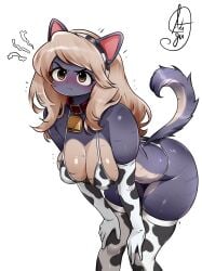 1girls angry bow_thighhighs breasts cat_ears catgirl collar cow_bikini cow_gloves cow_print feline feline female female_focus female_only fur furry furry_female furry_only pouting shiny_skin solo solo_female solo_focus theguiarts thick_thighs thighhighs thighs