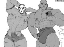 balls bara big_penis boner bulge doomfist erection erection_under_clothes flexing male male_only milkywaybara monochrome muscles muscular overwatch penis reaper