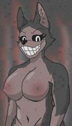 anthro areola big_breasts breasts canid canine canis creepy creepypasta digital_media_(artwork) domestic_dog english_text female fur hair hi_res husky large_bean looking_at_viewer mammal nipples nordic_sled_dog nude simple_background smile smile.dog solo spitz teeth text