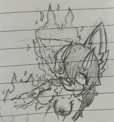 absurd_res anthro bilibiliupjiamou bodily_fluids burning burning_alive canid canine death female fire fox fur grey_hair hair hi_res horn jiamou_(bilibiliupjiamou) mammal nude tears white_body white_fur