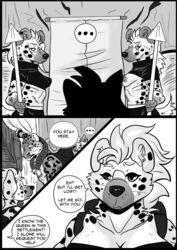 2017 anthro breasts canine clothed clothing comic dialogue digital_media_(artwork) english_text ezukapizumu feline female fur hair hyena male mammal monochrome nipples silver_(ezukapizumu) speech_bubble text