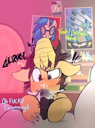 blush cum cum_in_mouth cum_inside dialogue english_text equine erection fellatio hi_res horse kribbles kribbles_(character) male mammal my_little_pony oral penis pony pulling_hair sex text yaoi