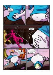 2024 andromorph animal_genitalia animal_pussy anthro anus background_character belly big_belly biobasher blue_anus blue_insides blue_markings blue_pussy blue_tongue bodily_fluids border bottomwear clothing colored comic countershading dialogue dizzy egg egg_from_pussy english_text fur genital_fluids genitals group hair hi_res huge_belly intersex lying markings motion_lines nintendo on_back oviposition pants pokemon pokemon_egg pregnant pregnant_anthro pregnant_intersex projectile pussy rapid_pregnancy rex_(fireskulls12) shirt sleeping solo_focus speech_bubble standing t-shirt tail text tongue topwear unusual_insides vaginal_fluids white_body white_border white_countershading