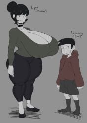 1boy 1girls black_hair black_legwear breasts choker female green_clothing hair_bun hoodie huge_breasts large_ass large_breasts loftysundew male milf mother mother_and_son older_female red_clothing shorter_male socks son sweatdrop tagme taller_girl thick_ass thick_thighs wide_hips younger_male