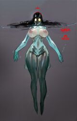aquatic big_breasts black_hair blue_body bones breasts bubbles fairy_tales female floating floating_hair glowing_eyes mythological_creature mythology nøkk nøkken nokk nokken pink_nipples plain_background psyk323 scandinavian scandinavian_mythology signature transparent transparent_body yellow_eyes