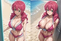 ai_generated beach before_and_after big_breasts feldt_grace flashing flashing_breasts frills gundam gundam_00 looking_at_viewer one_breast_out pink_bikini smile wet_body white_frills