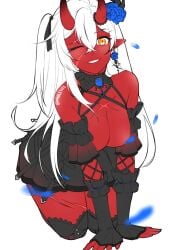 akumi alternate_hairstyle bare_shoulders black_gloves blush breasts demon_girl dress earrings elbow_gloves eyebrows_visible_through_hair female flower gloves grin hair_between_eyes hair_flower hair_ornament horns jewelry large_breasts long_hair long_sleeves looking_at_viewer one_eye_closed oni_horns pointy_ears red_skin ribbon rose smile solo very_long_hair vyugen white_background white_hair yellow_eyes