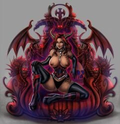 bare_breasts breast_tattoo breasts commission corset edgarsandoval horns jewelry net_clothes panties red_hair shoulder_tattoo skull skull_throne sleeves solo succubus tattoos thigh_high_boots thigh_tattoo