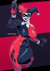 artist_name batman_(series) black_bodysuit black_lips blue_eyes bodysuit breasts butter_sugoi commentary dc_comics domino_mask female flare_gun gun harlequin harley_quinn harley_quinn_(classic) hat highres holding holding_gun holding_weapon impossible_bodysuit impossible_clothes jester jester_cap jester_costume large_breasts mask open_mouth red_bodysuit round_teeth smile solo standing standing_on_one_leg teeth two-tone_bodysuit two-tone_hat weapon white_facepaint