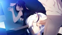 1boy against_wall arms_up ass bare_shoulders bent_over bent_over_furniture black_hair black_tank_top blush breasts calendar_(object) censored clothed_female_nude_male clothes_lift completely_nude cowboy_shot cum cum_in_pussy cum_on_body cum_on_legs cum_on_penis cum_on_pussy cum_overflow cum_string cumdrip curled_fingers desk drooling dutch_angle ejaculation erection eyebrows_hidden_by_hair female from_behind fumio_(ura_fmo) furrowed_brow game_cg grisaia_(series) grisaia_no_kajitsu half-closed_eyes highres kazami_yuuji leaning_forward long_eyelashes long_hair looking_at_another looking_back medium_breasts moonlight mosaic_censoring narrowed_eyes nipples non-web_source nude official_art open_mouth orgasm out_of_frame panties panty_pull partially_undressed penis purple_eyes pussy_juice pussy_juice_trail raised_inner_eyebrows sakaki_yumiko sex sex_from_behind shirt_lift skirt smile straight sweat swept_bangs tank_top thick_eyelashes thighs toned toned_male torogao underwear upskirt vaginal_penetration very_long_hair wet wet_clothes wet_panties white_skirt