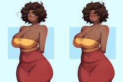 1girls big_breasts big_penis blushing_at_viewer brown_hair cleavage curly_hair dark-skinned_female dark_skin embarrassed embarrassed_female freckles green_eyes hands_behind_back looking_at_viewer original original_character simmsy solo solo_female thick thick_ass thick_lips