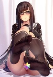 846-gou adversarial_noise anus ass black_serafuku black_shirt black_skirt black_thighhighs censored closed_mouth commentary_request duplicate fate/grand_order fate_(series) feet female female_pubic_hair foot_focus glasses grey_eyes highres kurohime_(fate) long_hair long_sleeves looking_at_viewer no_panties pubic_hair sailor_collar scar scar_across_eye scar_on_face school_uniform serafuku shirt skirt soles solo star_censor sweat thighhighs thighs toes very_long_hair white_sailor_collar