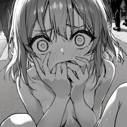 ai_generated black_and_white blush blush_lines cute embarrassed eyelashes fingers_in_mouth imminent_sex looking_at_viewer public public_nudity scared shocked shocked_expression short_hair small_breasts spread_legs