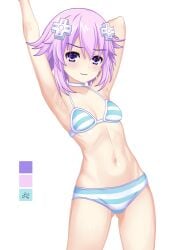 armpit blush bra choker d-pad_hair_ornament dhiparizky light_skin looking_at_viewer neptune_(neptunia) neptunia_(series) panties petite pink_hair purple_eyes short_hair simple_background small_breasts smile solo