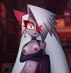 1_eye angel breasts casual_exposure detailed_background exhibitionism female fkimnsfw grey_body hair hazbin_hotel nipples thick_thighs vaggie_(hazbin_hotel) white_hair