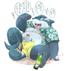 1boy beer clothing dumdum fish lotion male male_only marine penis shark shorts slightly_chubby solo tokyo_afterschool_summoners typhon_(tokyo_afterschool_summoners)